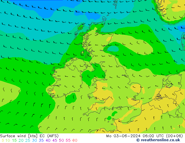 Vento 10 m EC (AIFS) lun 03.06.2024 06 UTC