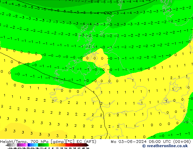 Geop./Temp. 700 hPa EC (AIFS) lun 03.06.2024 06 UTC