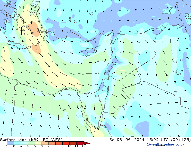 Surface wind (bft) EC (AIFS) Sa 08.06.2024 18 UTC