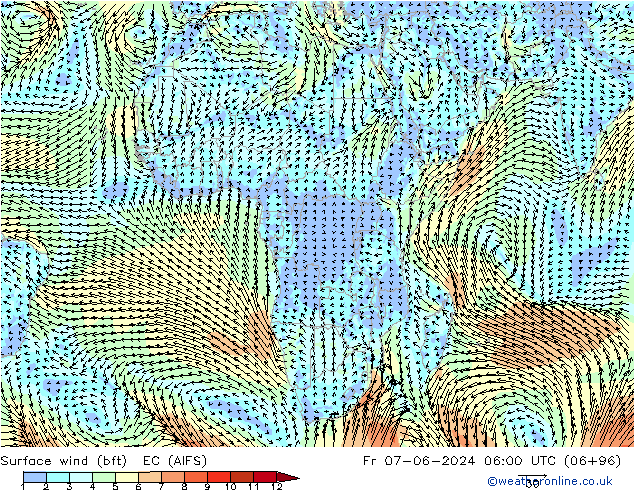 Bodenwind (bft) EC (AIFS) Fr 07.06.2024 06 UTC