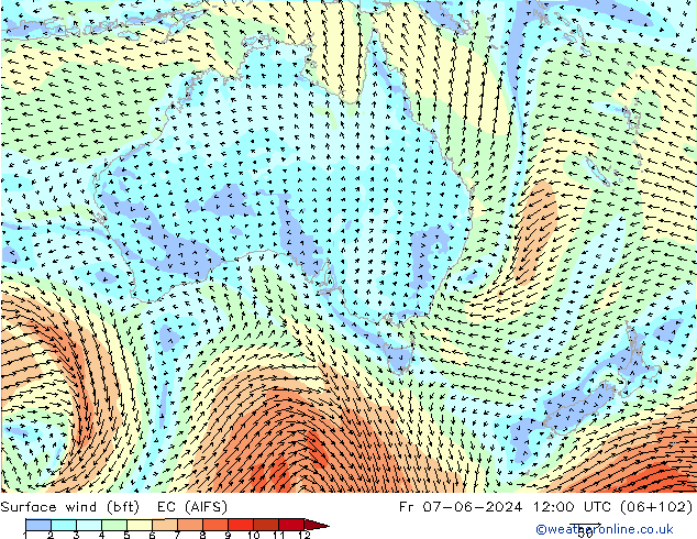 Surface wind (bft) EC (AIFS) Fr 07.06.2024 12 UTC