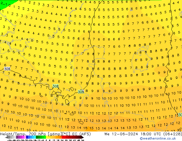 Hoogte/Temp. 700 hPa EC (AIFS) wo 12.06.2024 18 UTC