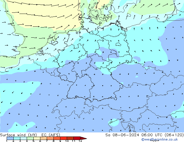 Viento 10 m (bft) EC (AIFS) sáb 08.06.2024 06 UTC