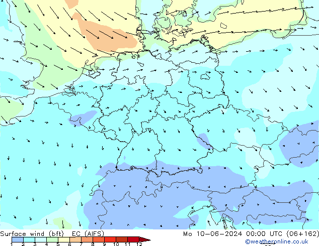 Vento 10 m (bft) EC (AIFS) Seg 10.06.2024 00 UTC