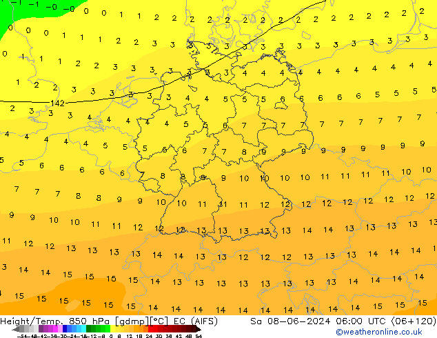 Hoogte/Temp. 850 hPa EC (AIFS) za 08.06.2024 06 UTC