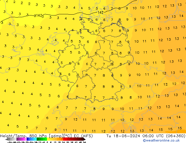 Height/Temp. 850 hPa EC (AIFS) Tu 18.06.2024 06 UTC