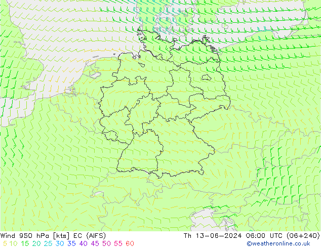 Wind 950 hPa EC (AIFS) do 13.06.2024 06 UTC