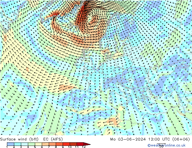 Wind 10 m (bft) EC (AIFS) ma 03.06.2024 12 UTC