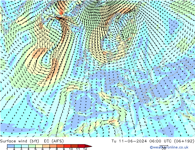 Surface wind (bft) EC (AIFS) Tu 11.06.2024 06 UTC