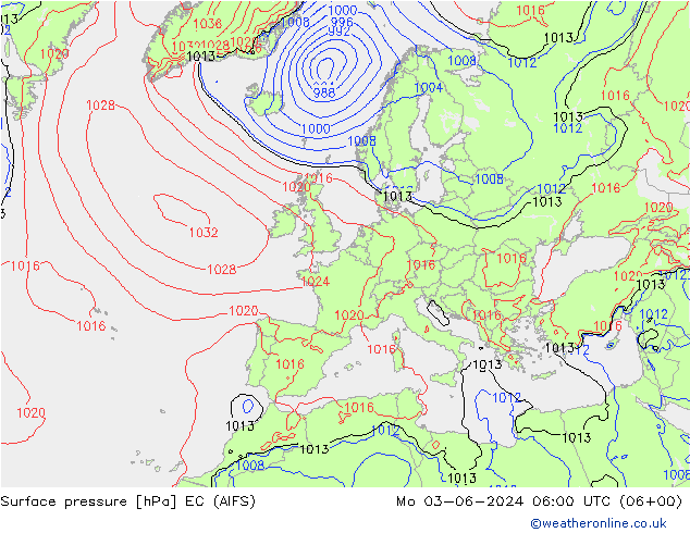 Surface pressure EC (AIFS) Mo 03.06.2024 06 UTC