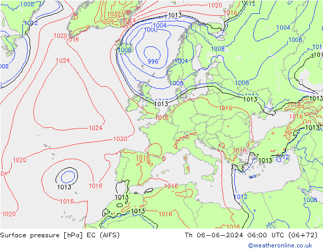 Presión superficial EC (AIFS) jue 06.06.2024 06 UTC