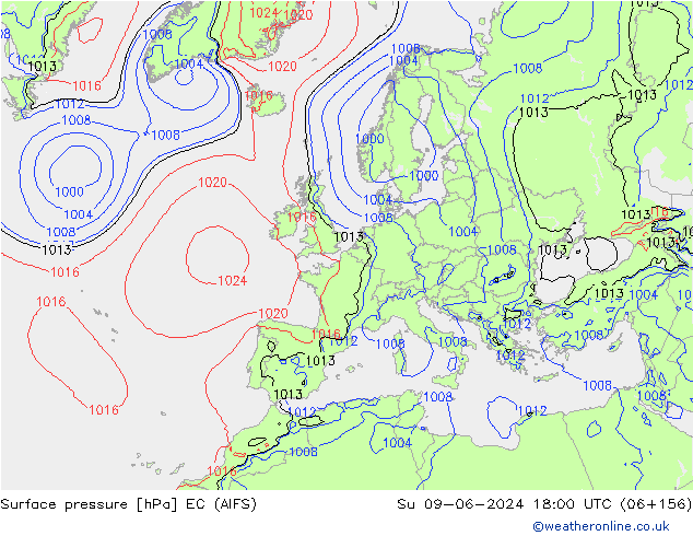 Atmosférický tlak EC (AIFS) Ne 09.06.2024 18 UTC