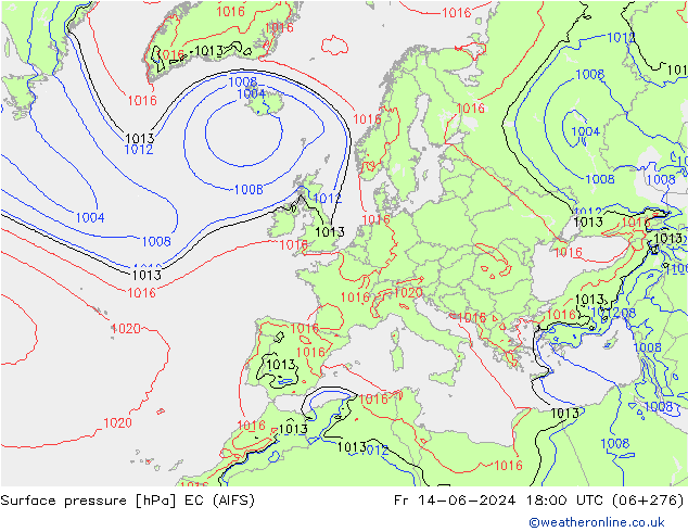 Atmosférický tlak EC (AIFS) Pá 14.06.2024 18 UTC