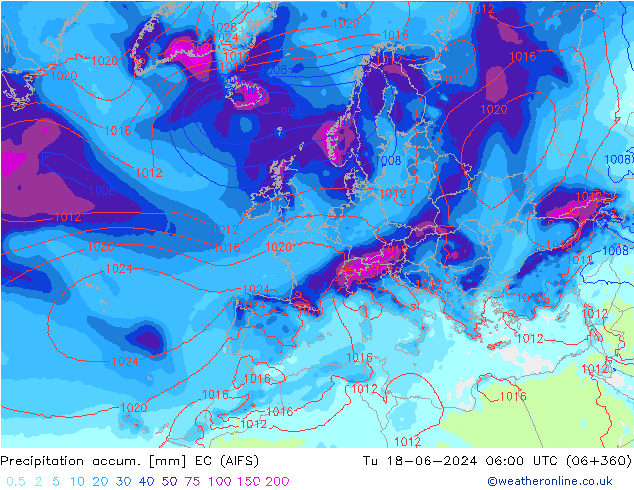 Précipitation accum. EC (AIFS) mar 18.06.2024 06 UTC