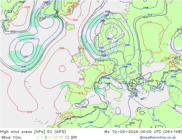 High wind areas EC (AIFS) Po 10.06.2024 06 UTC