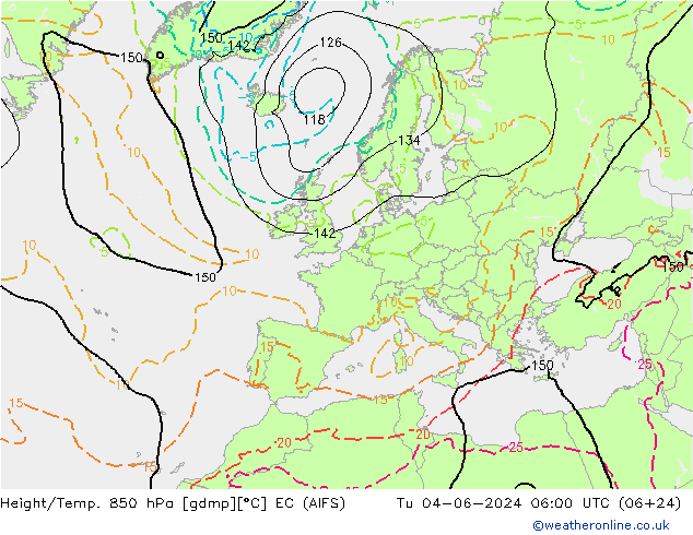 Géop./Temp. 850 hPa EC (AIFS) mar 04.06.2024 06 UTC