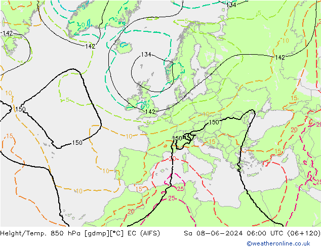 Height/Temp. 850 hPa EC (AIFS) sab 08.06.2024 06 UTC