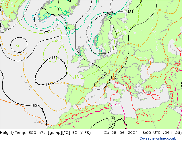 Hoogte/Temp. 850 hPa EC (AIFS) zo 09.06.2024 18 UTC