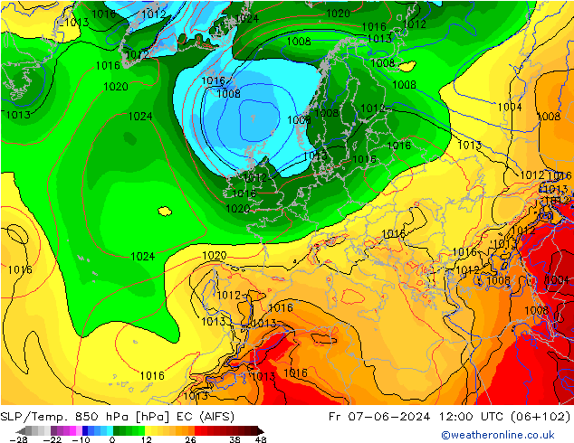 SLP/Temp. 850 hPa EC (AIFS) Fr 07.06.2024 12 UTC