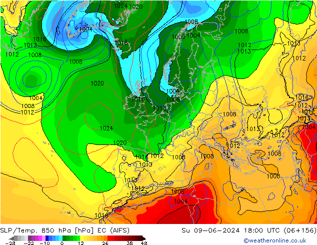 SLP/Temp. 850 hPa EC (AIFS) dom 09.06.2024 18 UTC