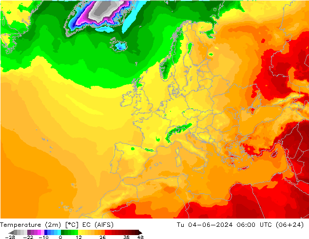 Temperature (2m) EC (AIFS) Tu 04.06.2024 06 UTC