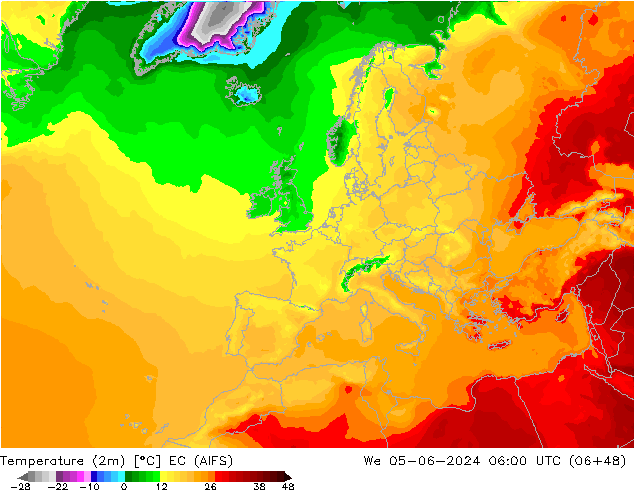 température (2m) EC (AIFS) mer 05.06.2024 06 UTC