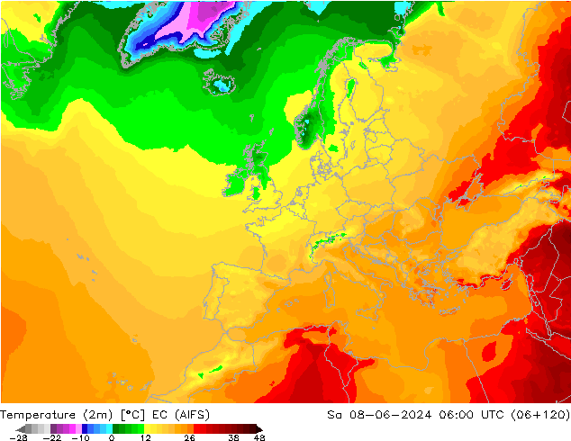 Temperature (2m) EC (AIFS) Sa 08.06.2024 06 UTC