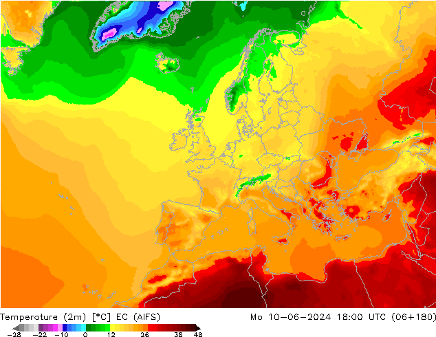 mapa temperatury (2m) EC (AIFS) pon. 10.06.2024 18 UTC