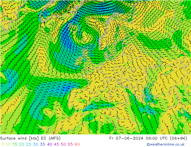 Surface wind EC (AIFS) Fr 07.06.2024 06 UTC