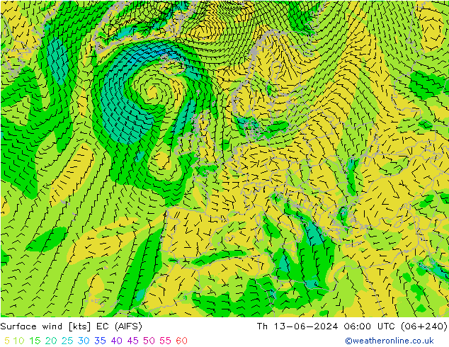 Vento 10 m EC (AIFS) gio 13.06.2024 06 UTC