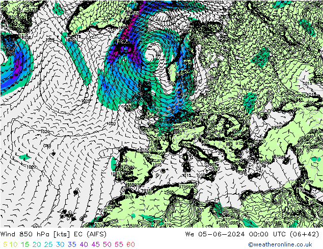 Wind 850 hPa EC (AIFS) We 05.06.2024 00 UTC