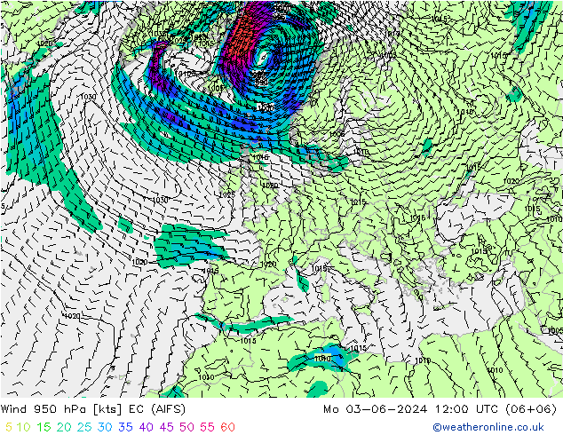 Rüzgar 950 hPa EC (AIFS) Pzt 03.06.2024 12 UTC