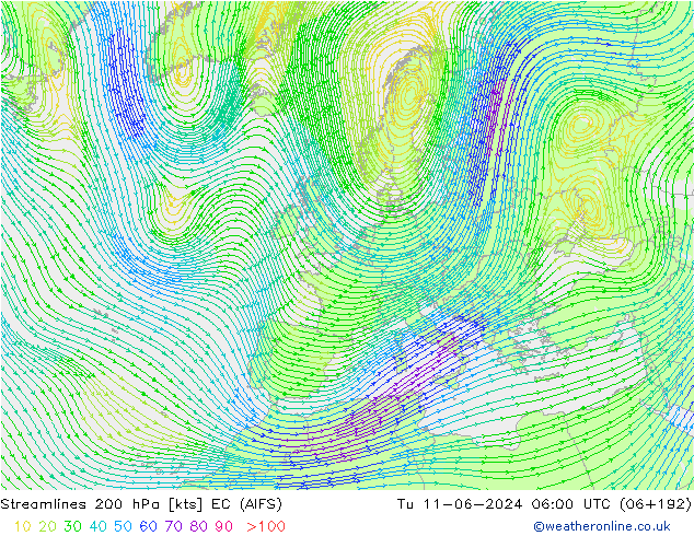 Linea di flusso 200 hPa EC (AIFS) mar 11.06.2024 06 UTC