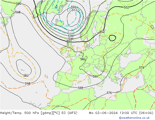 Height/Temp. 500 hPa EC (AIFS) Po 03.06.2024 12 UTC