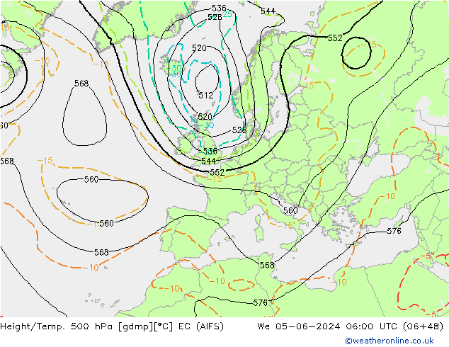 Yükseklik/Sıc. 500 hPa EC (AIFS) Çar 05.06.2024 06 UTC