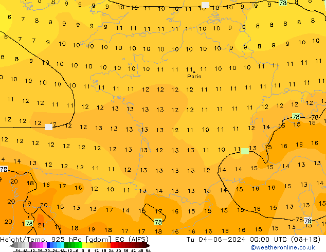 Yükseklik/Sıc. 925 hPa EC (AIFS) Sa 04.06.2024 00 UTC