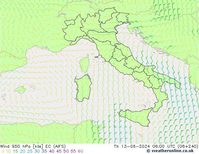 Wind 950 hPa EC (AIFS) do 13.06.2024 06 UTC