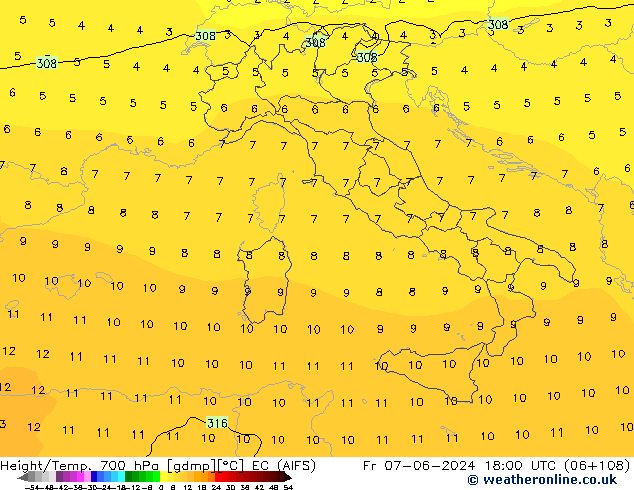 Height/Temp. 700 hPa EC (AIFS) Pá 07.06.2024 18 UTC