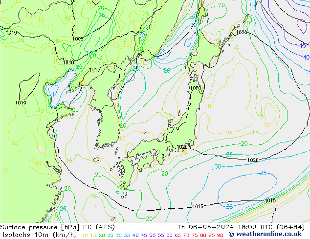 Isotachs (kph) EC (AIFS) чт 06.06.2024 18 UTC