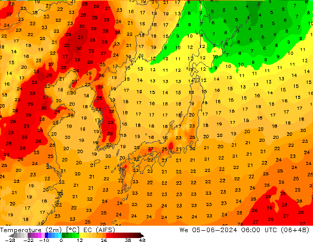 Temperature (2m) EC (AIFS) We 05.06.2024 06 UTC