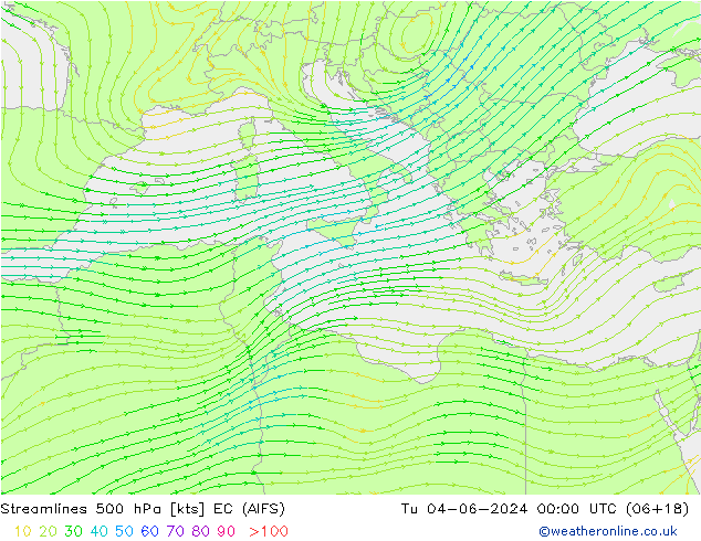 Linea di flusso 500 hPa EC (AIFS) mar 04.06.2024 00 UTC