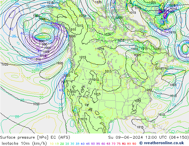 Isotachen (km/h) EC (AIFS) zo 09.06.2024 12 UTC