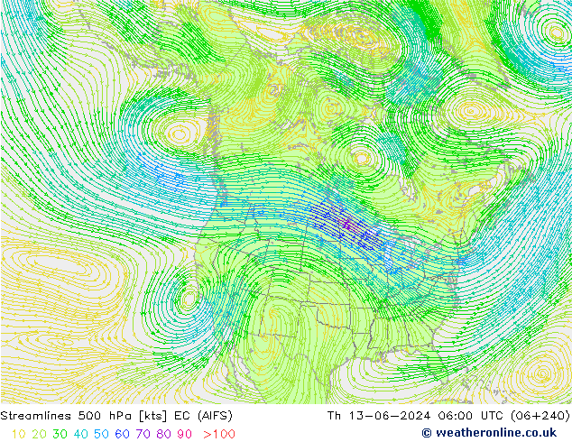 Streamlines 500 hPa EC (AIFS) Th 13.06.2024 06 UTC