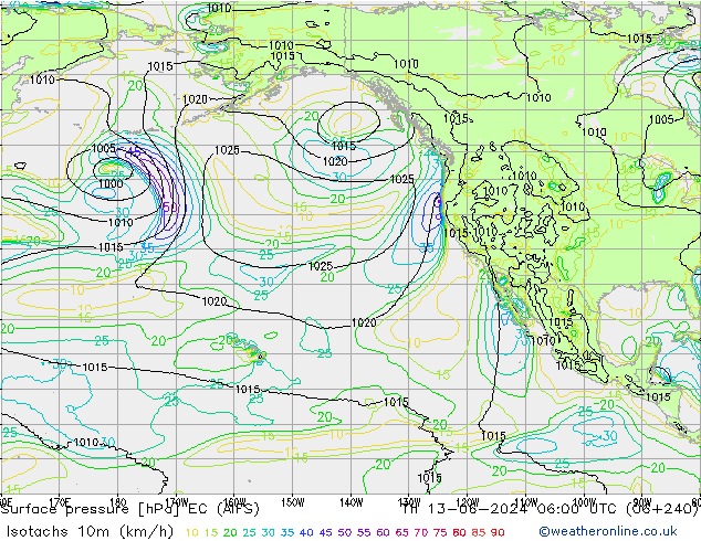 Isotaca (kph) EC (AIFS) jue 13.06.2024 06 UTC