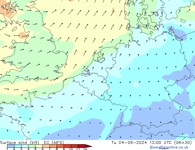 Surface wind (bft) EC (AIFS) Út 04.06.2024 12 UTC