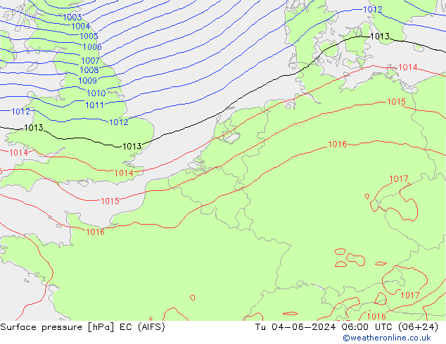 Surface pressure EC (AIFS) Tu 04.06.2024 06 UTC