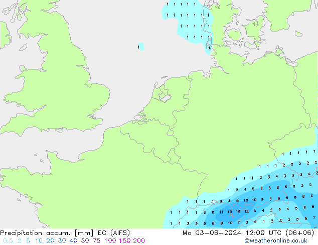 Precipitation accum. EC (AIFS) Seg 03.06.2024 12 UTC