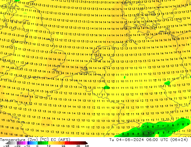 température (2m) EC (AIFS) mar 04.06.2024 06 UTC