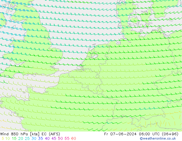 Wind 850 hPa EC (AIFS) Fr 07.06.2024 06 UTC