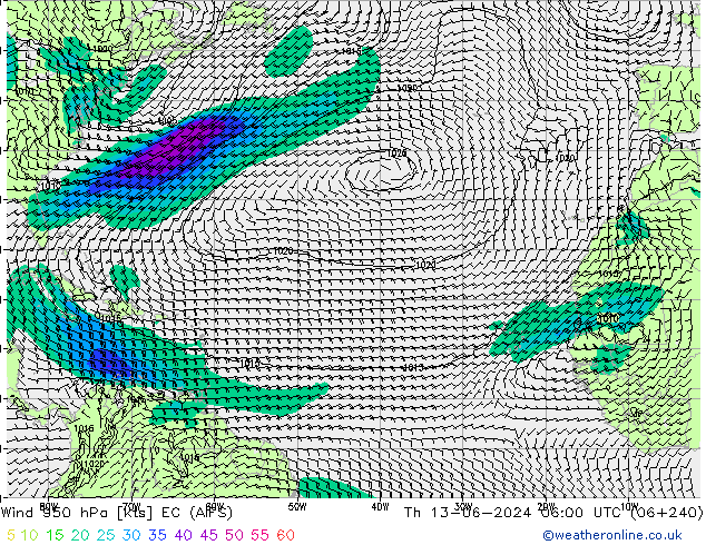 Wind 950 hPa EC (AIFS) Čt 13.06.2024 06 UTC